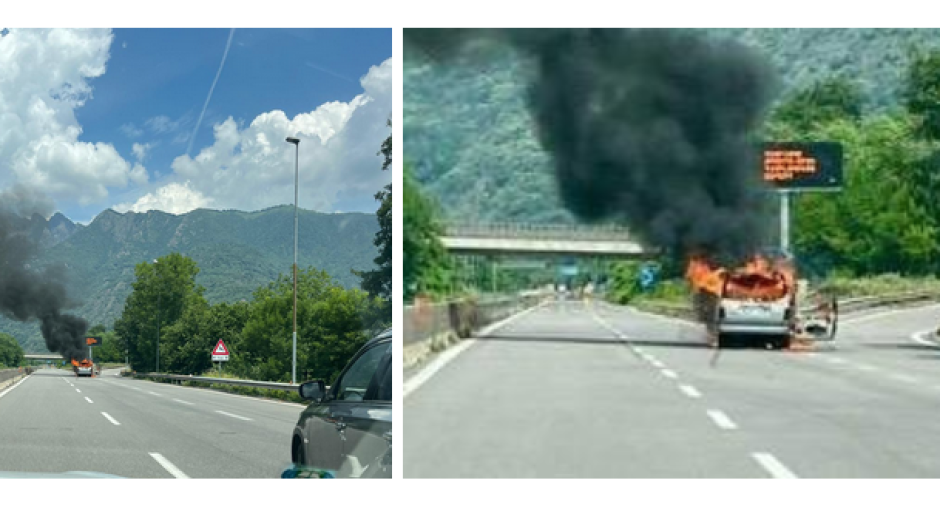 Auto in fiamme sulla superstrada all'altezza dello svincolo di Ornavasso